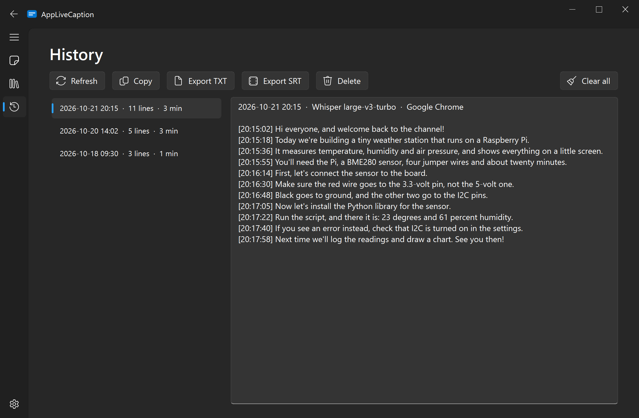 The History page with three saved sessions and the transcript of the newest one