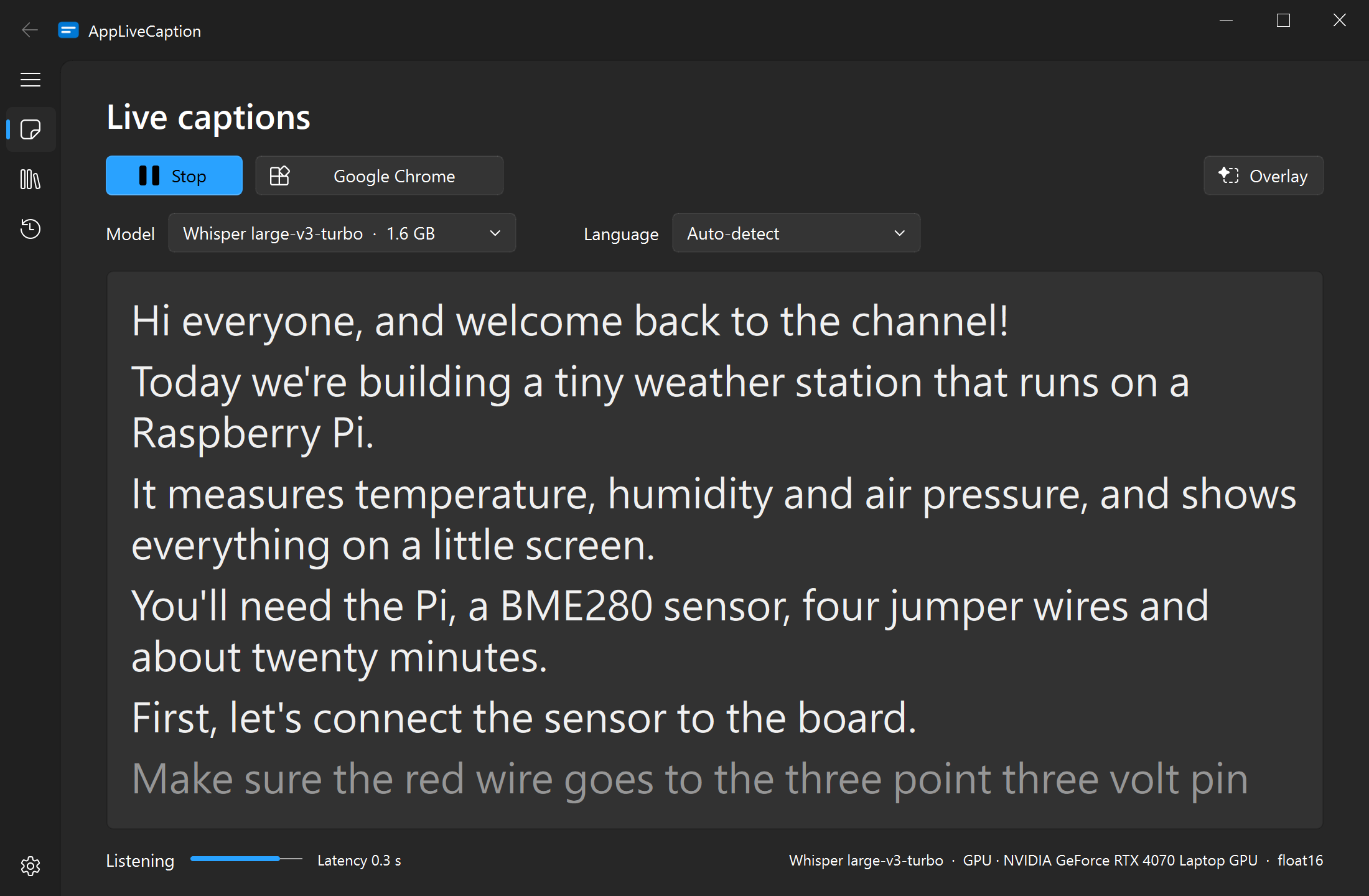 AppLiveCaption's Live captions page showing captions of a video playing in Google Chrome