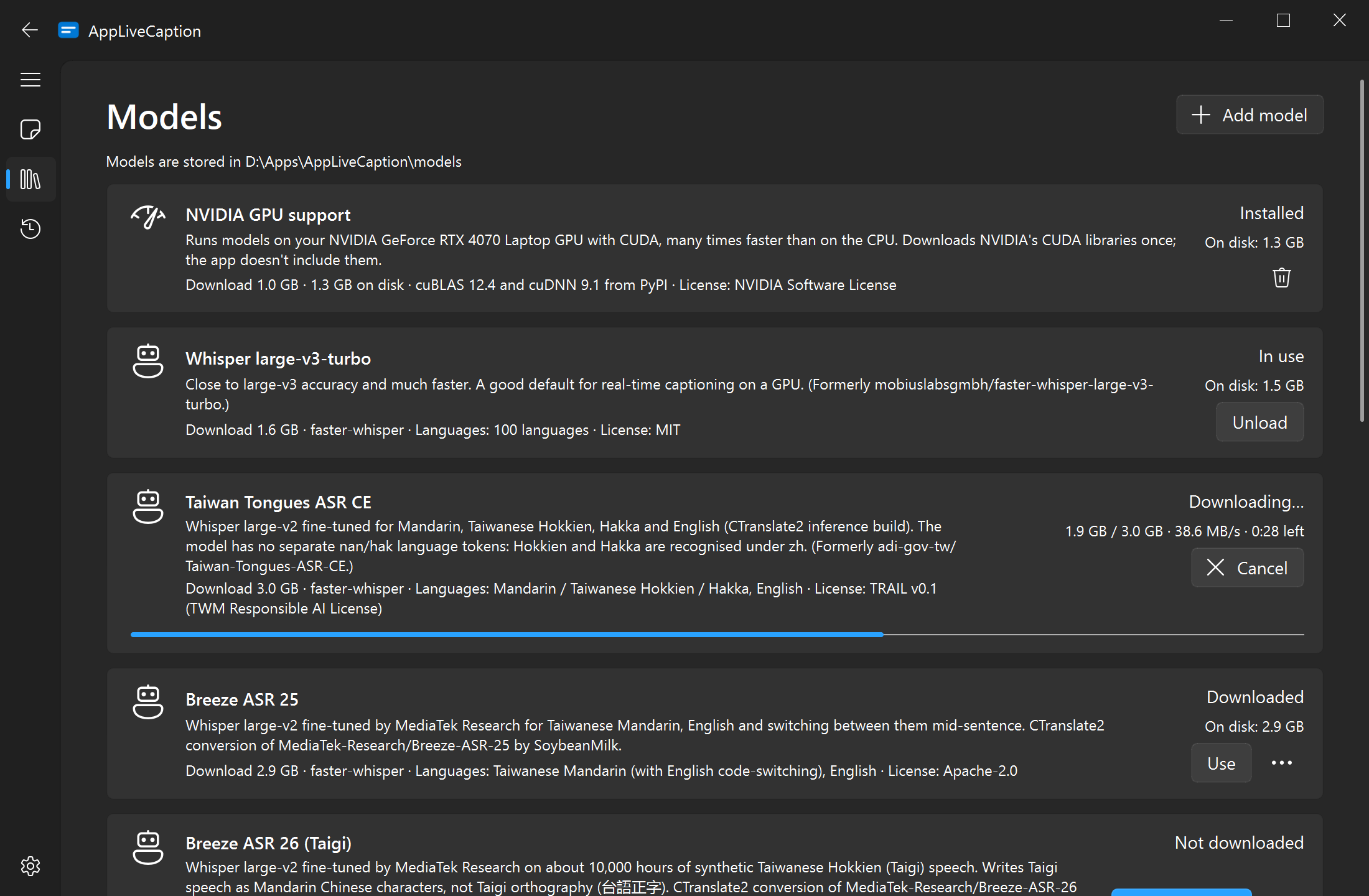 The Models page with GPU support installed, a model in use and another one downloading